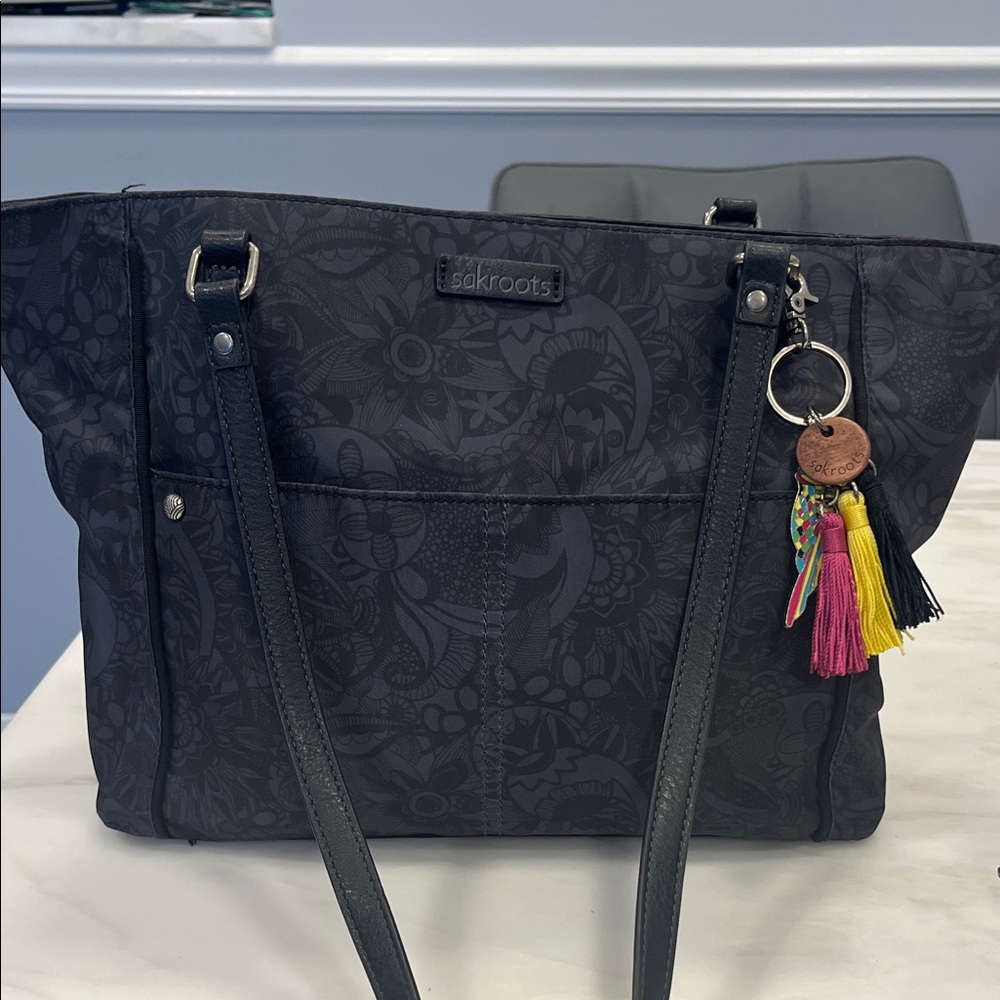 Sakroots Black Floral-Print Tote with Colorful Tassel Charm
